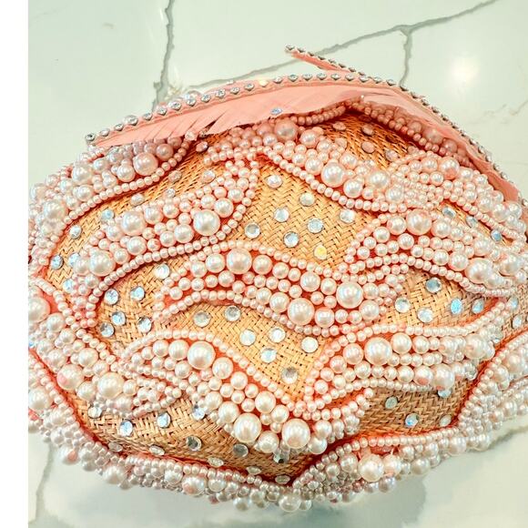 George Zamau\'l‎ Couture | Rare Vintage 1940s Pink Felt Rhinestone Feather Hat